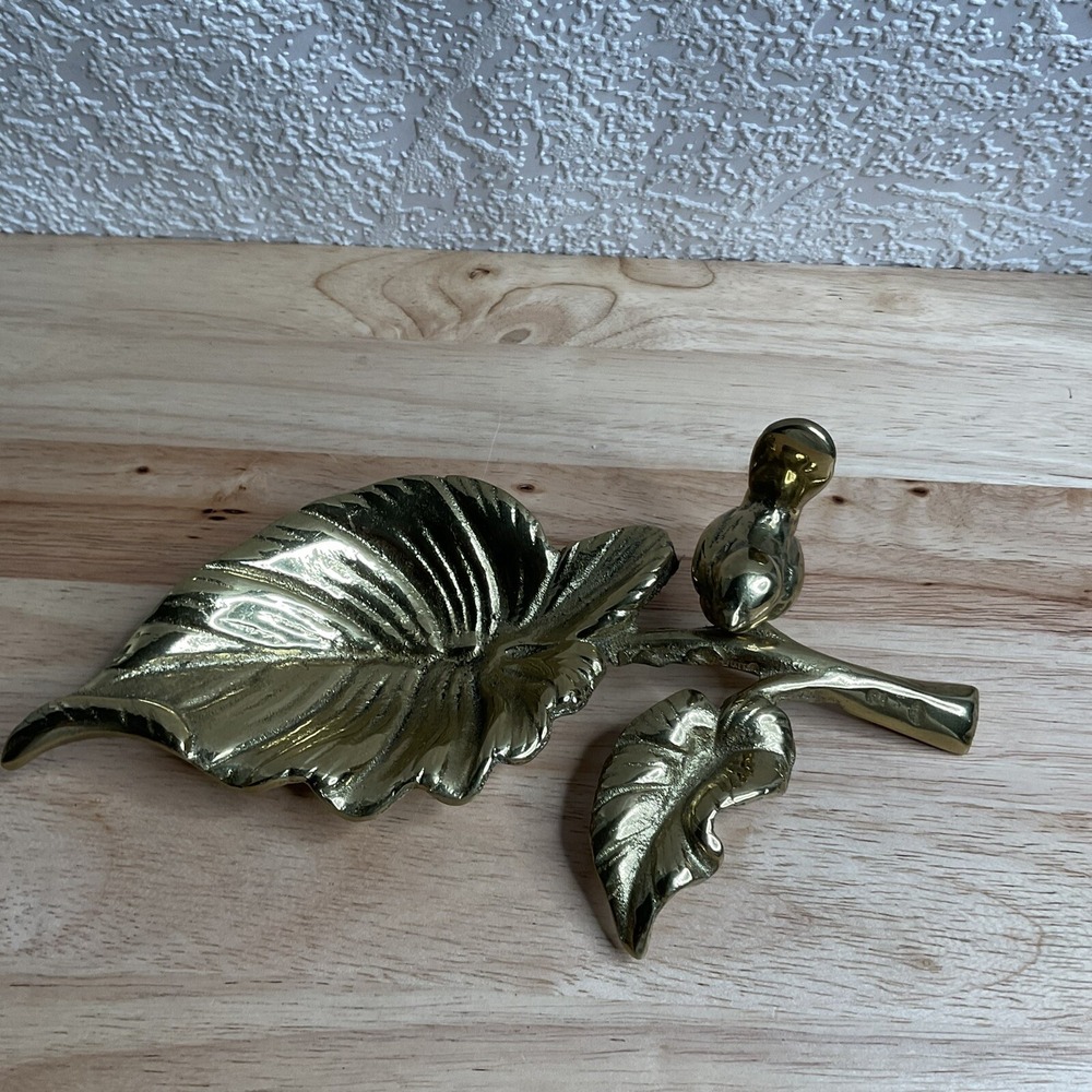 Vintage Gold  Brass Trinket Dish Jewelry Holder Leaf Small Bird Water Bowl - Picture 8 of 15
